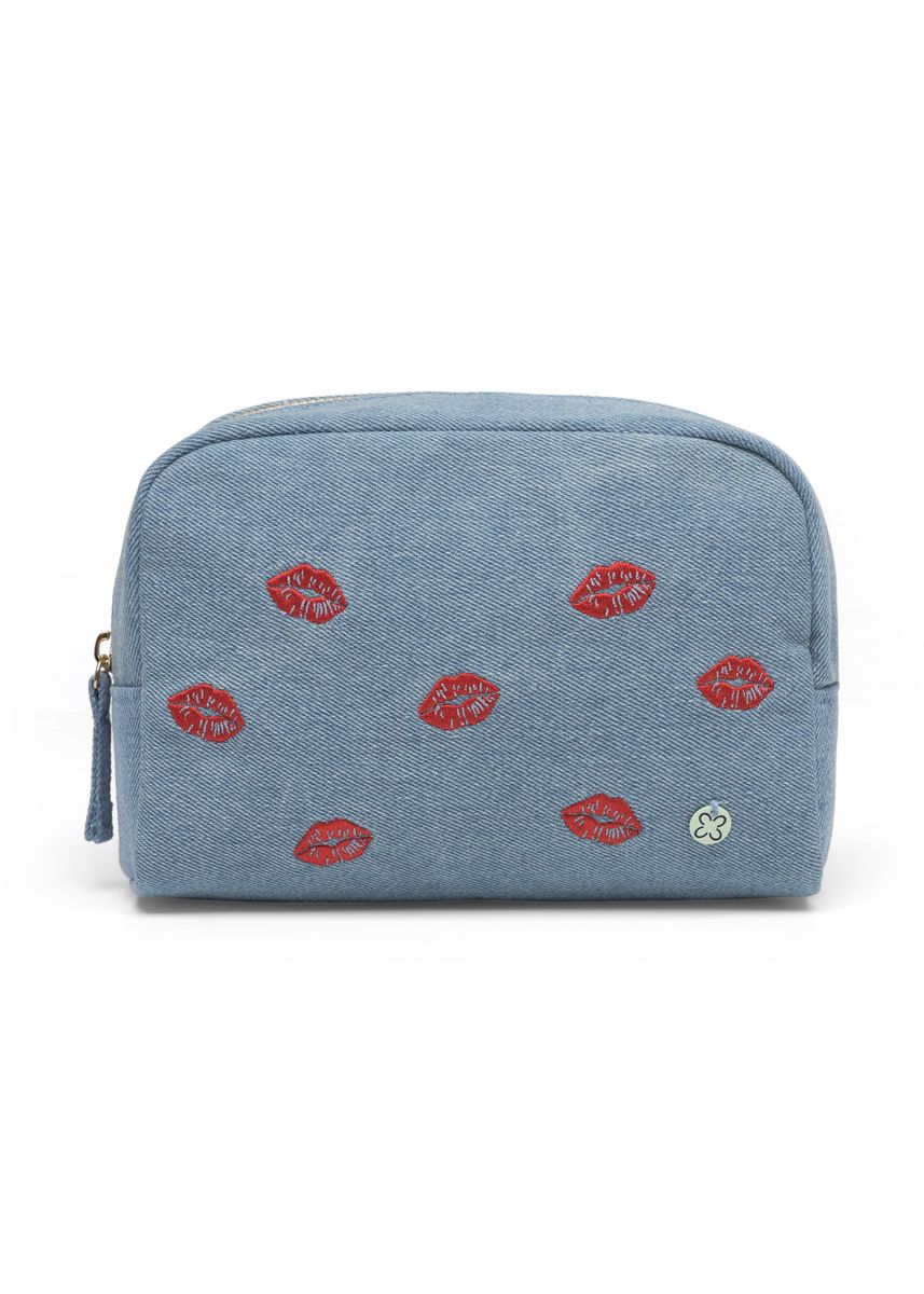 COSMETIC BAG COTTON DENIM LIPS blau