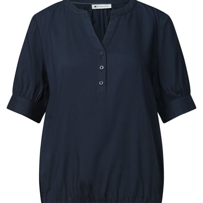 Kurzarm Bluse mit Split Neck und Elastiksaum