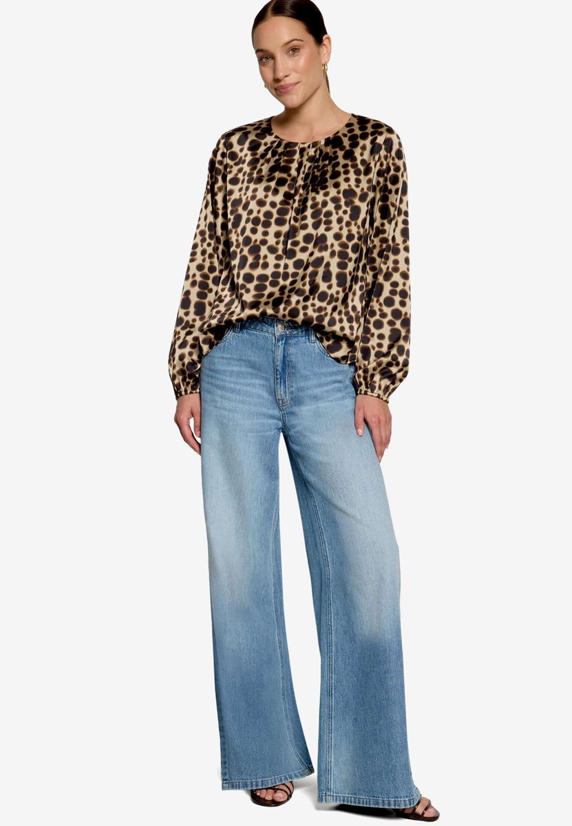 Gemusterte Satin-Bluse mit Rundhalsausschnitt