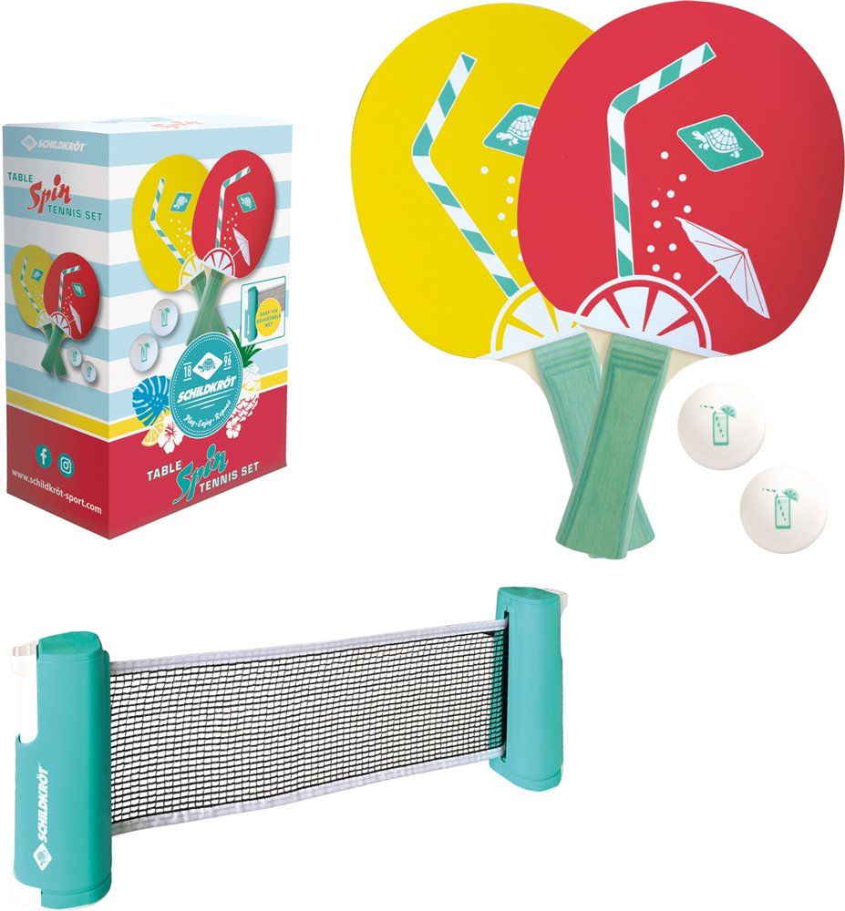 SCHILDKRÖT Tischtennis-Set Schildkröt Tischtennis-Set Spin FSC, Tischtennisset mit zwei Schlägern aus FSC-Holz, zwei Bällen, 2 Bälle, inkl. ausziehbarer und längenverstellbarer Netzgarnitur, ideal für Unterwegs, im Urlaub oder im Garten, 788661