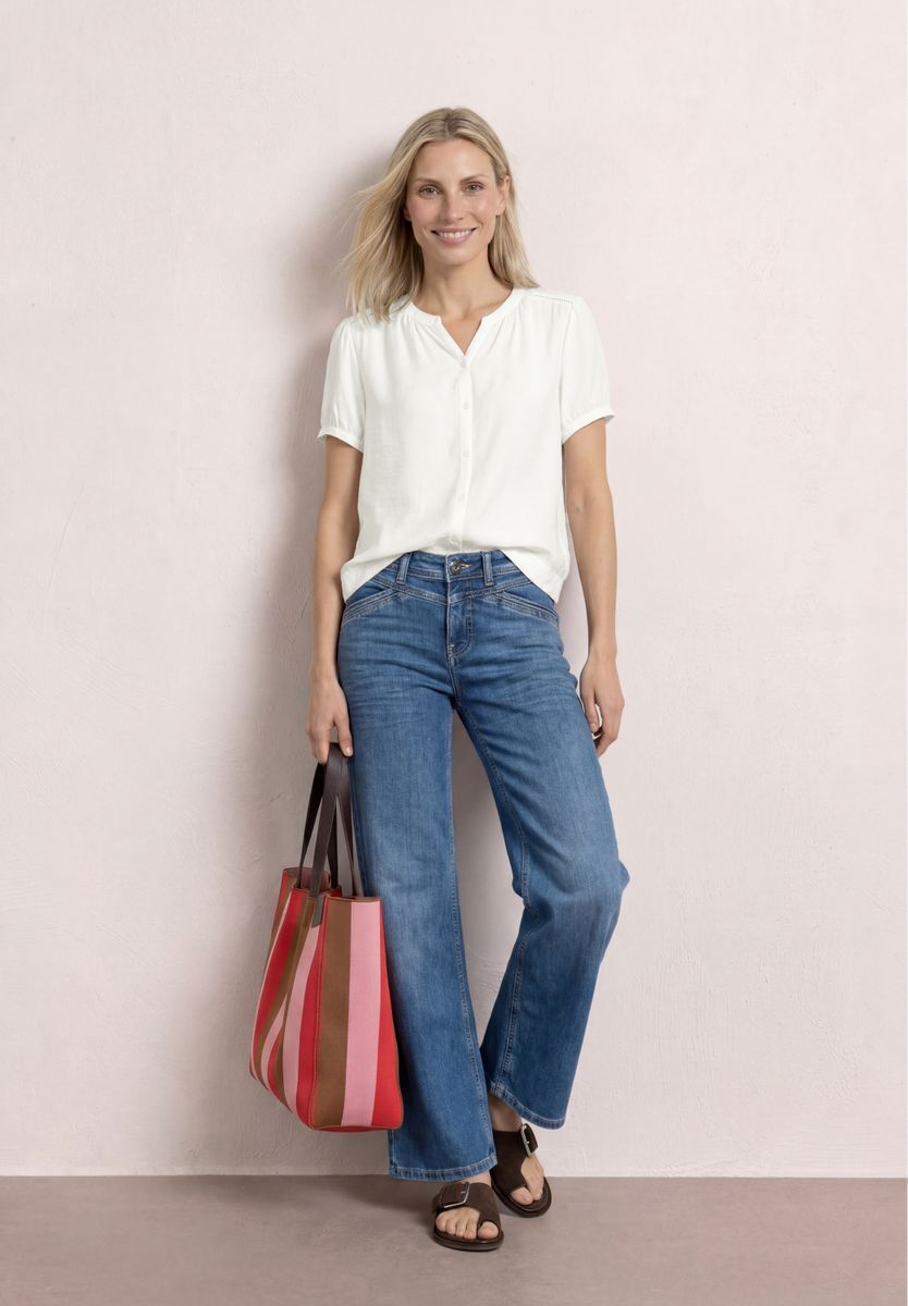 Kurzarm Bluse mit Split Neck und Knöpfen