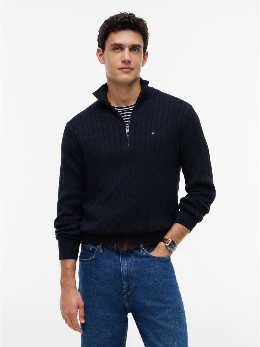 CLASSIC COTTON CABLE ZIP MOCK
