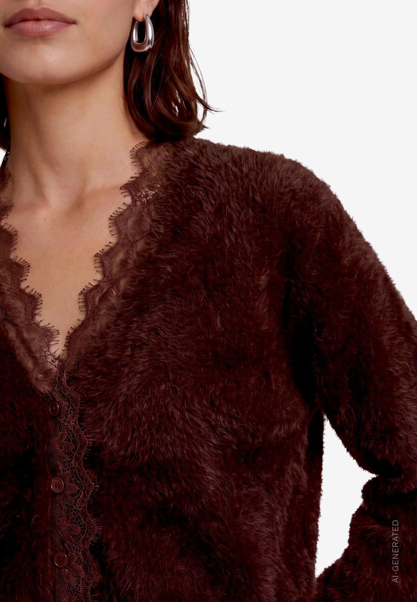 Flauschige Strickjacke Damen  mit Spitze